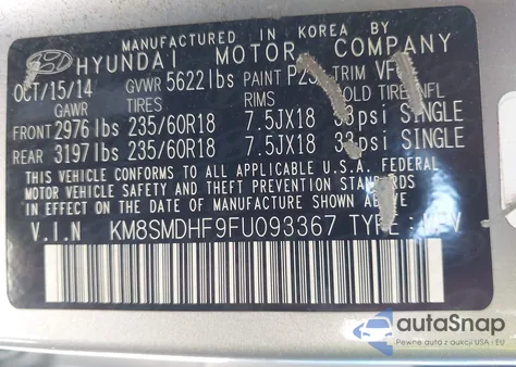 2015 Hyundai Santa Fe Gls из США, поврежденный, VIN KM8SMDHF9FU093367